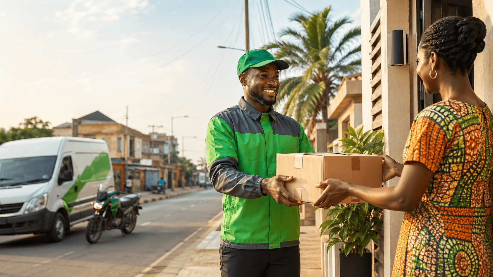 Courier handing a parcel to a customer at a Lagos doorstep
